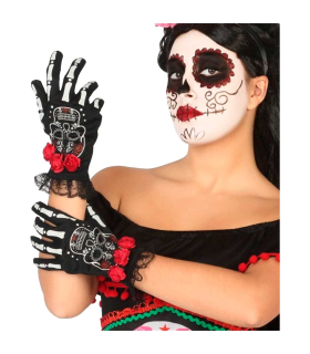 Tradineur - Guantes cortos con diseño de calavera mexicana- Fabricación 100% poliéster - Complementos de disfraz, carnaval, halloween, cosplay, fiestas. - Color Negro