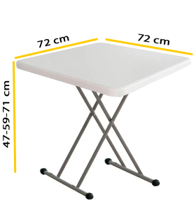 Tradineur - Mesa plegable con altura ajustable, 3 posiciones, estructura de metal y plástico, portátil, playa, camping (Blanco, 71/59/47 x 72 x 72 cm)