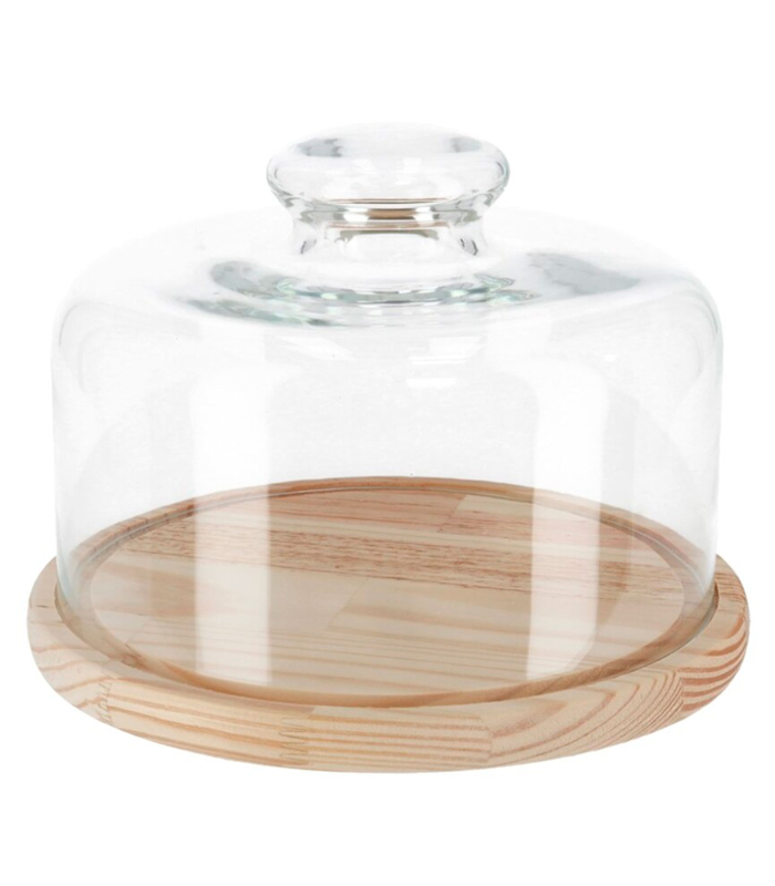 Tradineur - Quesera redonda con base de madera y tapa de cristal, recipiente para guardar quesos o embutidos, presentación de alimentos, 19,3 x 9 cm