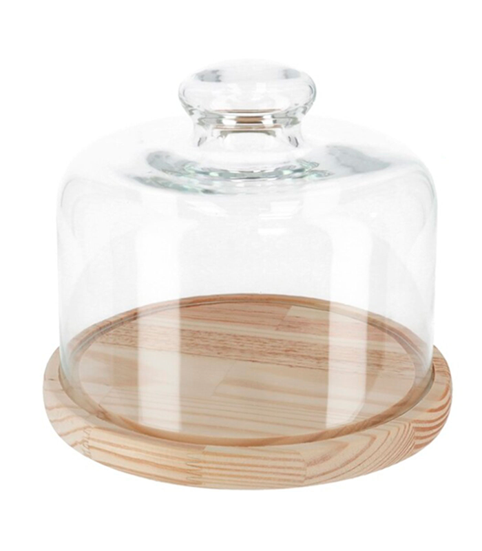 Quesera redonda con tapa de cristal y base de madera 20 x 10 cm. Recipiente para conservar frescos quesos o embutidos