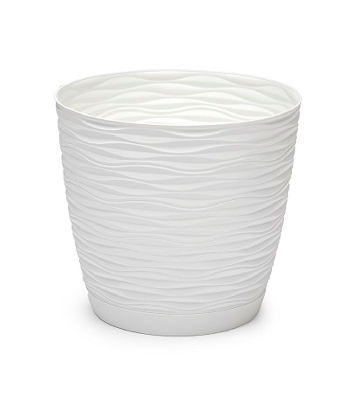 Tradineur - Maceta redonda con plato - Diseño Wind (Ø 15 cm) - Fabricado en plástico - Ideal para jardín exterior, terraza o balcón - Color Blanco Roto