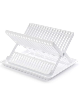 Tradineur - Escurreplatos con bandeja bloqueable en blanco 37 x 33 x 21 cm, Escurridor platos plegable de plástico resistente