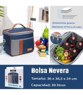 Tradineur - Bolsa térmica porta alimentos de tela, nevera con aislamiento, asa y correa ajustable, picnic, playa, camping (30 litros, 36 x 36,5 x 24 cm)