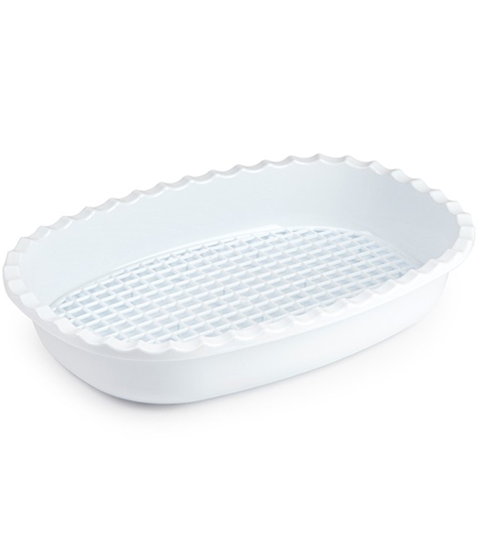 Tradineur - Bandeja de plástico redondeada para descongelar,de color blanco y rejilla y 32 x 21,5 x 6 cm. Recipiente para descongelación de alimentos con rejilla.Fuente blanca para labores cocina