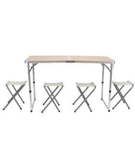 Tradineur - Mesa plegable de aluminio con 4 taburetes, superficie de MDF, portátil en maletín, multiusos, resistente, camping, playa, jardín (Marrón, 120 x 60 x 70 cm)