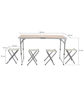 Tradineur - Mesa plegable de aluminio con 4 taburetes, superficie de MDF, portátil en maletín, multiusos, resistente, camping, playa, jardín (Marrón, 120 x 60 x 70 cm)