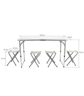 Tradineur - Mesa plegable de aluminio y 4 taburetes, superficie de MDF, portátil en maletín, multiusos, resistente, camping, playa, jardín (Imitación de mármol, 120 x 60 x 70 cm)