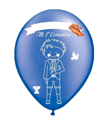 Tradineur - Set de 12 globos personalizables para Primera Comunión de látex de caucho natural, decoración en fiestas, celebraciones, hogar (Azul, Niño)