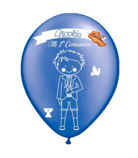 Tradineur - Set de 12 globos personalizables para Primera Comunión de látex de caucho natural, decoración en fiestas, celebraciones, hogar (Azul, Niño)