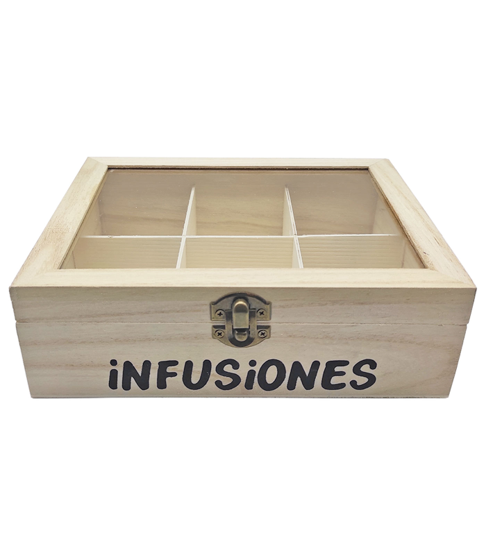 Caja de madera "Infusiones" con 6 compartimentos y tapa de cristal 6,5 x 20,5 x 15,5 cm. Caja de almacenamiento para guardar infusiones con ventana transparente