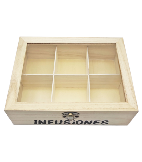 Caja de madera "Infusiones" con 6 compartimentos y tapa de cristal 6,5 x 20,5 x 15,5 cm. Caja de almacenamiento para guardar infusiones con ventana transparente