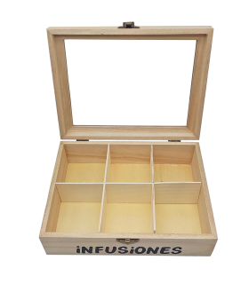 Caja de madera "Infusiones" con 6 compartimentos y tapa de cristal 6,5 x 20,5 x 15,5 cm. Caja de almacenamiento para guardar infusiones con ventana transparente