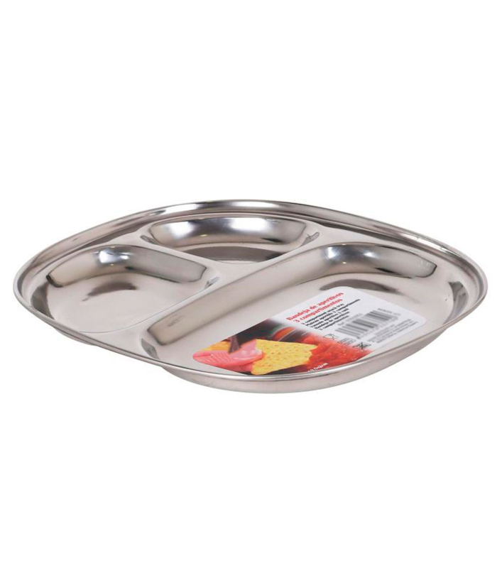 Bandeja de acero inoxidable con 3 compartimentos individuales, de 2 x 19,5 x 22 cm. Fuente de inox especial para aperitivos con 3 partes independientes. Plato para servir alimentos.