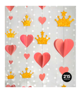 Tradineur - Guirnalda 3D de princesa con glitter, cartón, incluye corazones y coronas, decoración de cumpleaños, comuniones, fiestas, diseñada en España (Rosa y dorado - 2,15 metros - 1 ud)