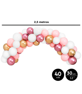 Tradineur - Arco de 40 globos de 30 cm, 100% látex natural, decoración de cumpleaños, bodas, comuniones, fiestas, Navidad, diseñado en España (Rosa, dorado y blanco - 2,5 metros)