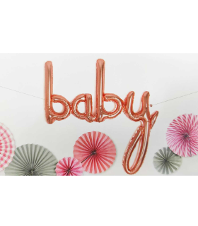 Tradineur - Guirnalda de globo Baby metalizada, incluye inflador y cinta de 3 m, decoración de cumpleaños, bautizos, Baby Shower, fiestas, diseñada en España (Rosa dorado- 107 cm - 1 ud)