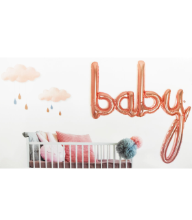 Tradineur - Guirnalda de globo Baby metalizada, incluye inflador y cinta de 3 m, decoración de cumpleaños, bautizos, Baby Shower, fiestas, diseñada en España (Rosa dorado- 107 cm - 1 ud)