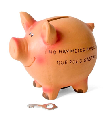 Hucha de cerdito cerámica con frase 12 x 9 x 11 cm. Caja de ahorro de dinero infantil con llave, decoración original para niños y niñas