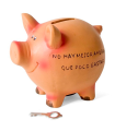 Hucha de cerdito cerámica con frase 12 x 9 x 11 cm. Caja de ahorro de dinero infantil con llave, decoración original para niños y niñas