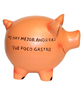 Hucha de cerdito cerámica con frase 12 x 9 x 11 cm. Caja de ahorro de dinero infantil con llave, decoración original para niños y niñas