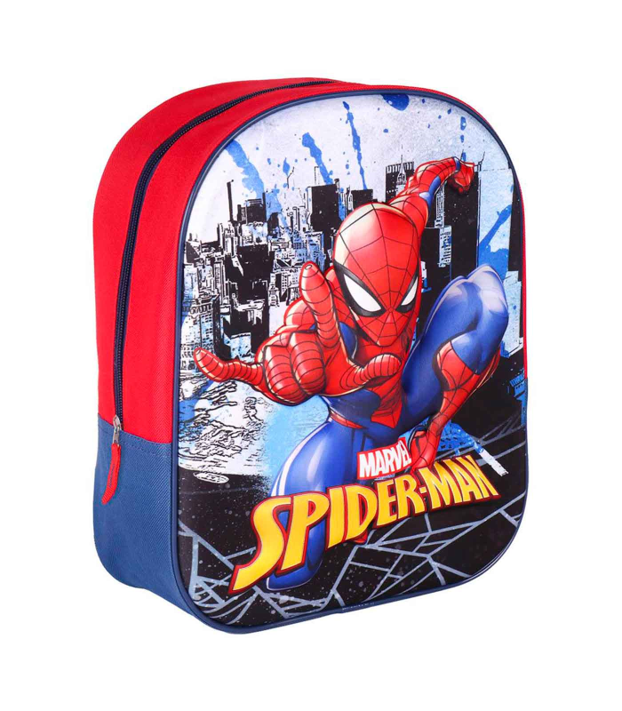 Tradineur - Mochila azul y roja para niños en 3D con diseño de Spiderman, ideal para la escuela. Medidas de 25 x 31 x 10 cm para colgar en la espalda. Bolsa Spiderman Licencia Marvel