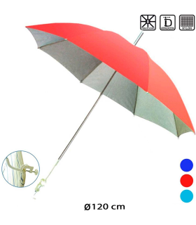 Sombrilla para playa de nylon, de color surtido, de 87 x 120 cm válida para acoplar a la silla o para mesa. Parasol de distintos colores con enganche para mesa o silla, Quitasol con enganche.