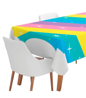 Tradineur - Mantel impermeable efecto textil, formato familiar, 6 comensales, 100% reciclable, plegable, higiénico, decoración de cumpleaños, fiestas, diseñado en España (Arco Iris, 120 x 180 cm)