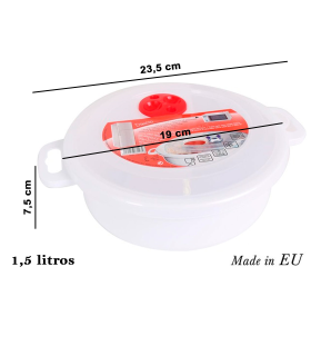 Tradineur - Fiambrera para microondas de plástico, reutilizable, incluye asas y tapa con válvula para salida de aire, recipiente para guardar alimentos, apta para lavavajillas, 19 x 7 cm - 1,5 litros