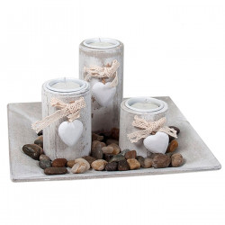 Bandeja con 3 portavelas de corazón y piedras, madera, velas decorativas jardín, baño, bodas, decoración vintage hogar, 13 x 23,