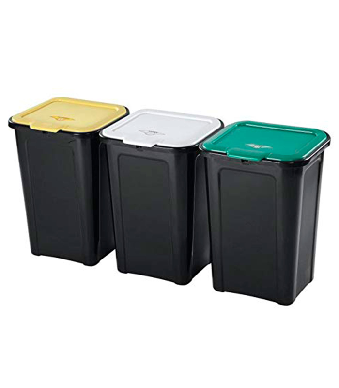 Pack de 3 cubos basura 44 litros con tapa 55 x 38 x 34 cm. Juego, set de contenedores de residuos apilables de plástico para reciclaje