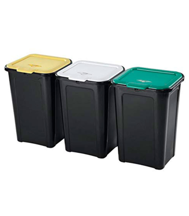 Pack de 3 cubos basura 44 litros con tapa 55 x 38 x 34 cm. Juego, set de contenedores de residuos apilables de plástico para reciclaje