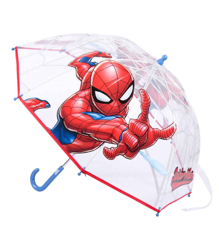 Tradineur - Paraguas de Spiderman, especial para niños, trasparente y con dibujos, de 8 varillas. Medidas 64 x 8 cm. Licencia Oficial Marvel