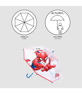 Tradineur - Paraguas de Spiderman, especial para niños, trasparente y con dibujos, de 8 varillas. Medidas 64 x 8 cm. Licencia Oficial Marvel