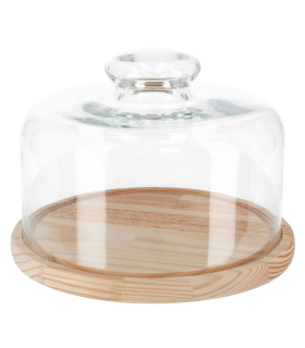 Tradineur - Quesera redonda con tapa de cristal y base de madera, recipiente para guardar quesos o embutidos, presentación de alimentos, 24 x 12 cm