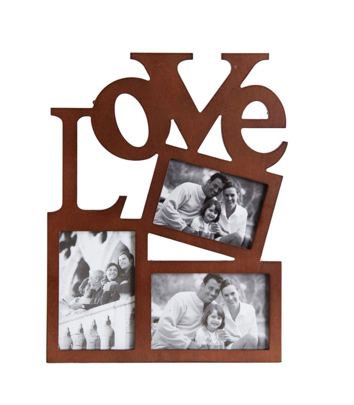 Multimarco love de madera de caoba para 3 fotografías 37 x 28 x 2 cm, portafotos múltiple de pared, marco para fotos de distintos tamaños, decoración del hogar, regalo original