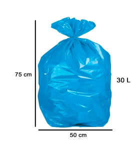 Tradineur - Pack de 15 bolsas de basura de plástico reciclado, resistentes y antigoteo, ecológicas, reciclables, cierre fácil, aptas para cubos de basura y papeleras (Azul, 30 litros, 50 x 75 cm)