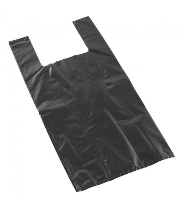 Tradineur - Pack de 54 bolsas de plástico tipo camiseta, reutilizables, recicladas, gran resistencia, cumplen normativa, grosor 50 micras (Negro, 1 kg, 42 x 53 cm)