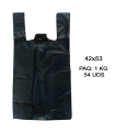 Tradineur - Pack de 54 bolsas de plástico tipo camiseta, reutilizables, recicladas, gran resistencia, cumplen normativa, grosor 50 micras (Negro, 1 kg, 42 x 53 cm)