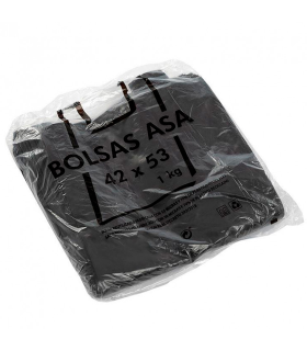 Tradineur - Pack de 54 bolsas de plástico tipo camiseta, reutilizables, recicladas, gran resistencia, cumplen normativa, grosor 50 micras (Negro, 1 kg, 42 x 53 cm)