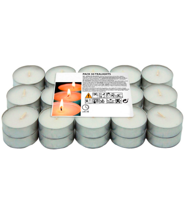 Tradineur - Pack de 30 velas de té sin perfume, tealights sin olor, tiempo de combustión: 4 horas, decoración, ambientación del hogar (Blanco, 3,7 x 1,5 cm)