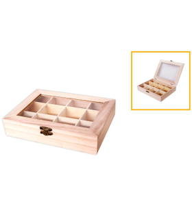 Tradineur - Caja de madera con 12 compartimentos y tapa con cristal, expositor de joyas, organizador, joyero, collares, anillos, 20 x 15 x 4,3 cm