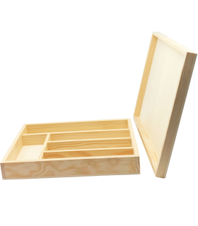 Tradineur - Cubertero, organizador de cubiertos de madera con tapa 35,5 x 26,5 x 4,8 cm, 5 compartimentos. Bandeja, porta utensilios de madera para cajón cocina