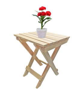 Tradineur - Taburete plegable de madera con reposapiés, mesita auxiliar sin tratar de jardín, balcón, terraza, camping, picnic, 43,5 x 33,2 x 32,3 cm