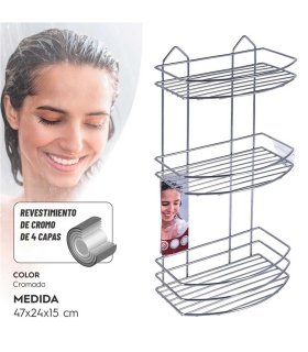 Tradineur - Estantería de baño de metal cromado, 3 niveles, organizador de productos de aseo, higiene para colgar, pared, ducha, incluye tacos y tornillos (Gris, 47 x 24 x 15 cm)