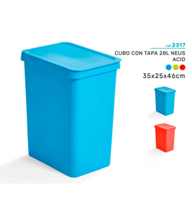 Tradineur - Cubo de basura rectangular con tapa - Fabricado en Plástico - Capacidad de 28 Litros - 44,5 x 35 x 25 cm - Color Aleatorio (Azul - Verde - Rojo)