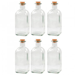 Tradineur - Pack de 6 botellas de vidrio, frascas con tapón de corcho, reutilizables, rellenables, licores, aceite, agua, vino,