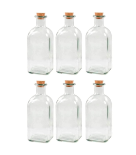 Tradineur - Pack de 6 botellas de vidrio, frascas con tapón de corcho, reutilizables, rellenables, licores, aceite, agua, vino, whisky, bodas, 19,5 x 8 cm, 750 ml