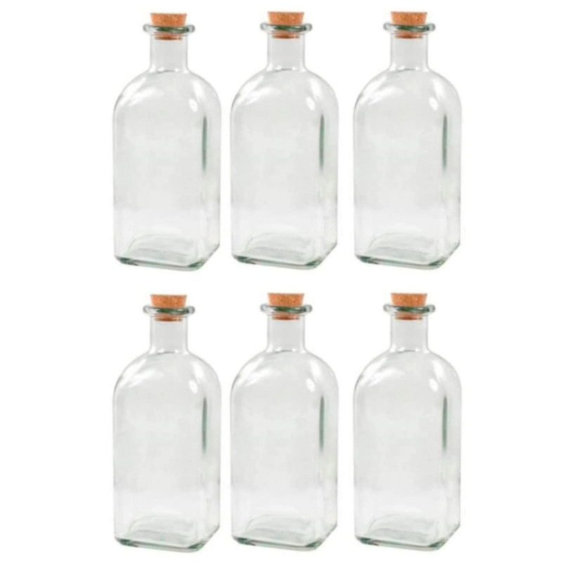 Tradineur - Pack de 6 botellas de vidrio, frascas con tapón de corcho, reutilizables, rellenables, licores, aceite, agua, vino, Tradineur - Pack de 6 botellas de vidrio, frascas con tapón de corcho, reutilizables, rellenables, licores, aceite, agua, vino,