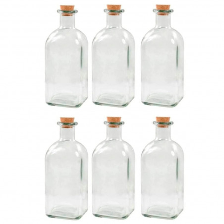 Tradineur - Pack de 6 botellas de vidrio, frascas con tapón de corcho, reutilizables, rellenables, licores, aceite, agua, vino,
