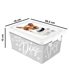 Tradineur - Caja de plástico con cierres laterales de clip y tapa, cajón de almacenaje multiusos, ordenación, objetos, hogar, fabricada en España (Perro - 3,7 litros - 26,5 x 19 x 12 cm)